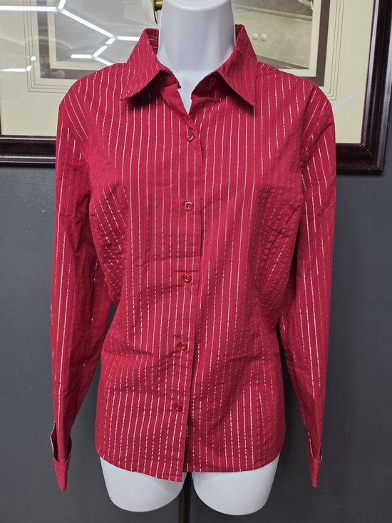 SMITH Tops - Jaclyn Smith Dark Red Button-Up Shirt with Metallic Pinstripes